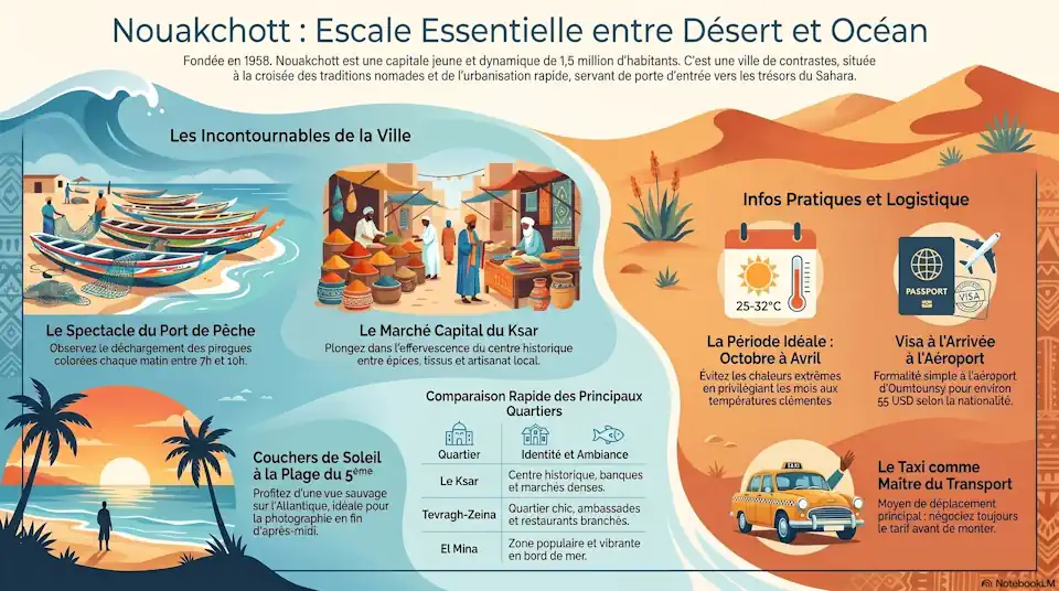 Nouakchott — dont le nom signifie « le lieu des vents » en hassanya — est l'une des capitales les plus jeunes d'Afrique. Fondée en 1958 à quelques kilomètres de l'Atlantique, elle est aujourd'hui une métropole d'environ 1,5 million d'habitants qui concentre les contradictions fascinantes de la Mauritanie moderne : entre tradition nomade et urbanisation rapide, entre désert de sable et océan, entre silence et fourmillement.